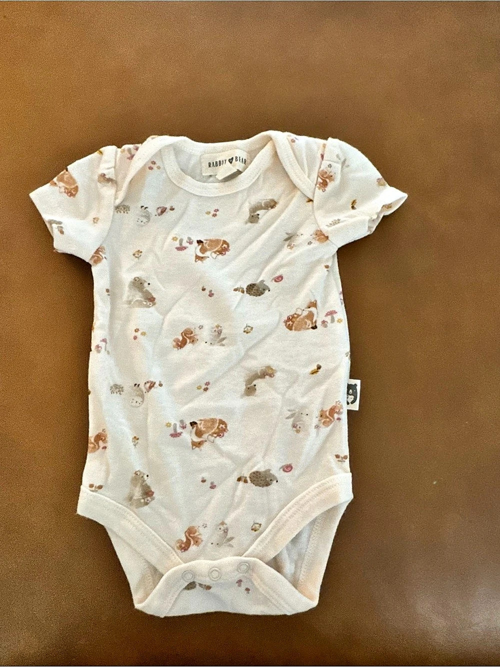 Rabbit Bear Baby Animal Print Bodysuit White & Brown 0-3M